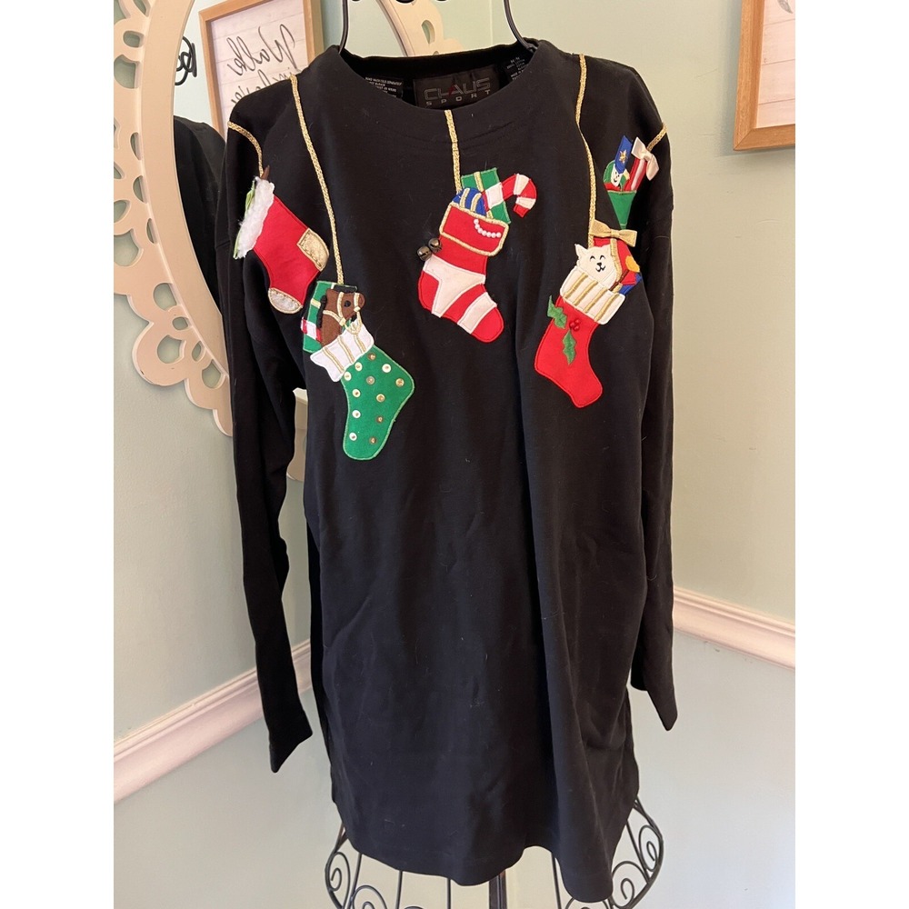 Chaus Vtg  M  Black Christmas‎ Holiday Top Grandmacore Stockings Bell Cat